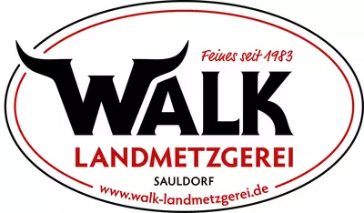 Logo Landmetzgerei Walk, das W hat Stierhörner, die Schrift ist in schwarz