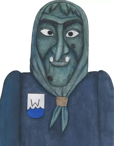 Hexenmaske in wasserblau mit blauem Tuch und Hemd